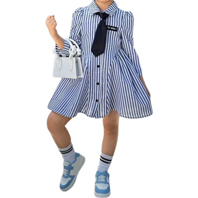 SHEIN Nova Glow Young Girl Casual Matching Mother-Daughter Woven Long Sleeve Striped Collar Belted Casual Dress, Autumn/Winter, Autumn/Winter For Back To Sc