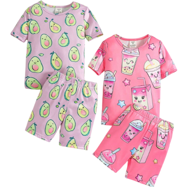 SHEIN Young Girl School Snug Fit Pajamas Set, Simple All-Over Funny Print Pattern Shorts & Tight Short Sleeve, Casual 2-Piece