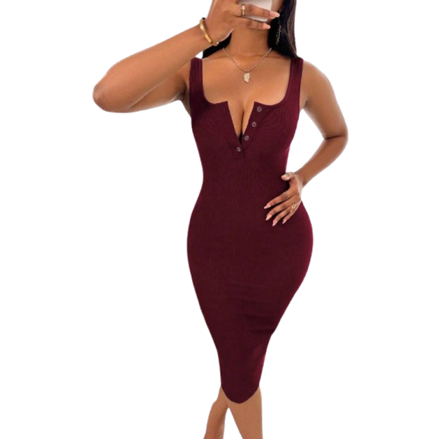 Halvknapp Ribbstickad Bodycon Klänning Burgundy Maxi Damoutfit - Bourgogne (L,M,S,XL,XS)