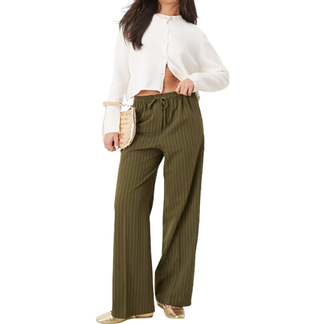 ASOS DESIGN – Olivgröna, randiga, figursydda byxor i dra på-stil-Flera
