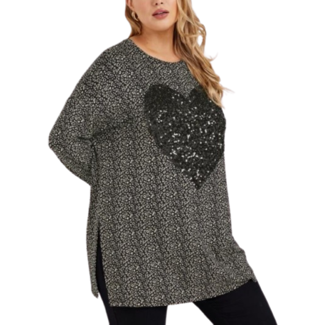 Yours Curve Black & White Heart Print Sequin Embellished Top, Women's Curve & Plus Size, Yours - 30-32