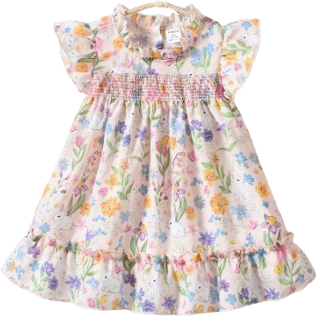 SHEIN Baby Girl Floral & Rabbit Print Ruffle Trim Dress