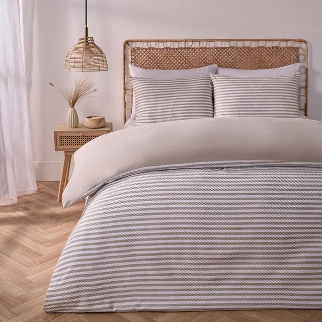 Stripe Duvet Cover Hotel Bedding Set Waffle Embossed Quilt - Natural - Double
