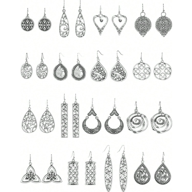 TopHanqi 16 Pairs Of Retro-style Antique Silver Geometric Hollow Dangle Earrings, Multi-style Combination Earrings Set For Women&#39;s Daily Life And Work, Street