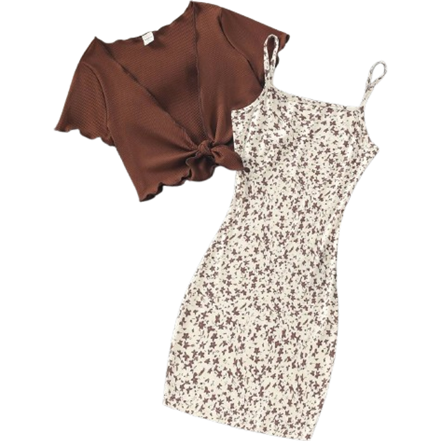 SHEIN Tween Girl Lettuce Trim Tie Front Top & Ditsy Floral Print Cami Dress