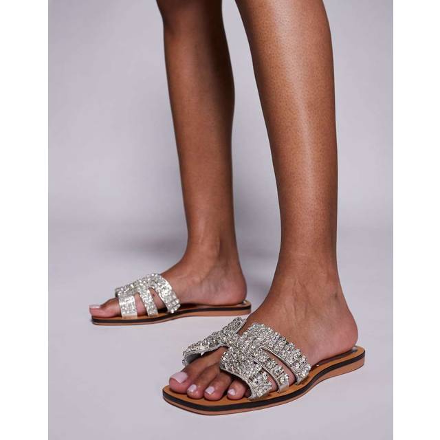River Island Womens Silver Diamante Cut Out Flat Sandals - 8