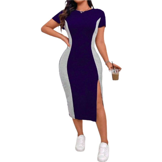 Calvaya Plus Size Colorblock Round Neck Short Sleeve Split Hem Fitted Dress Women Outfit Bodycon Long Dress Long Bodycon Dress Slit Dress With Slit Women Dres