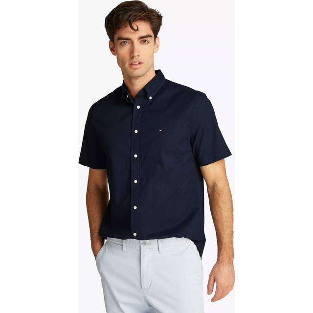 Men's Tommy Hilfiger Flex Poplin Solid Short Sleeve Mens Shirt - Blue/Black - Size: 42/Regular
