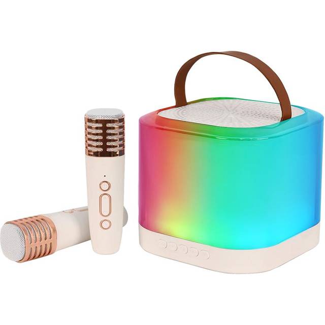 Mini Karaoke Machine Trådlös Mikrofon och Högtalare Set med 2 Mikrofoner Uppladdningsbar LED Färg vit