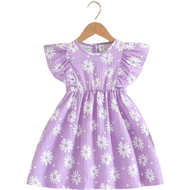 SHEIN Young Girl New Soft Purple Floral Print Round Neck Cap Sleeve Loose Waist A-Line Midi Dress, Summer
