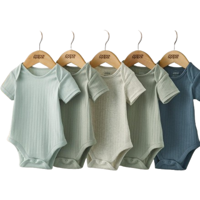 Ribbed Short-Sleeve Bodysuits (Set of 5) - Blue - MULTI - 0-3 Months