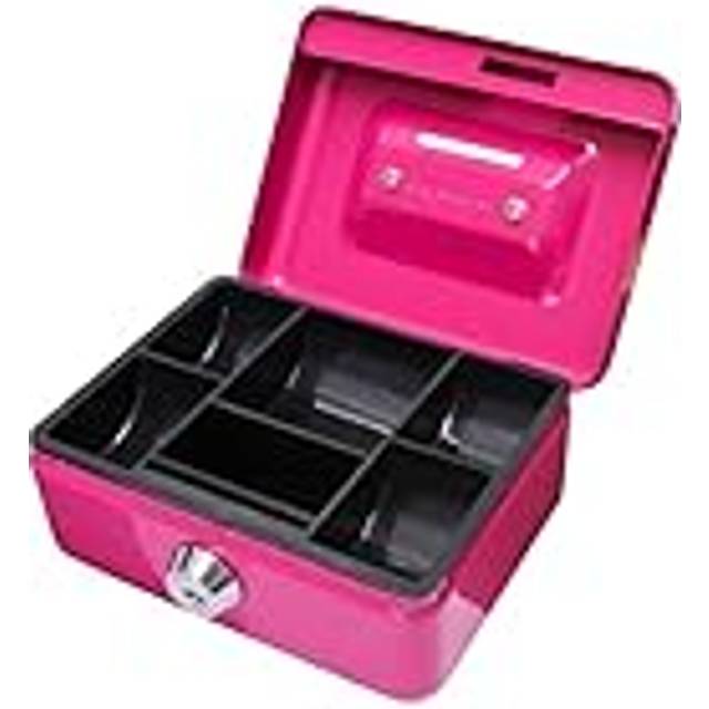 Key Lockable Cash Box with Coin Slot and Lift Out 6 Compartment Coin Tray - 4 Inch - Pink