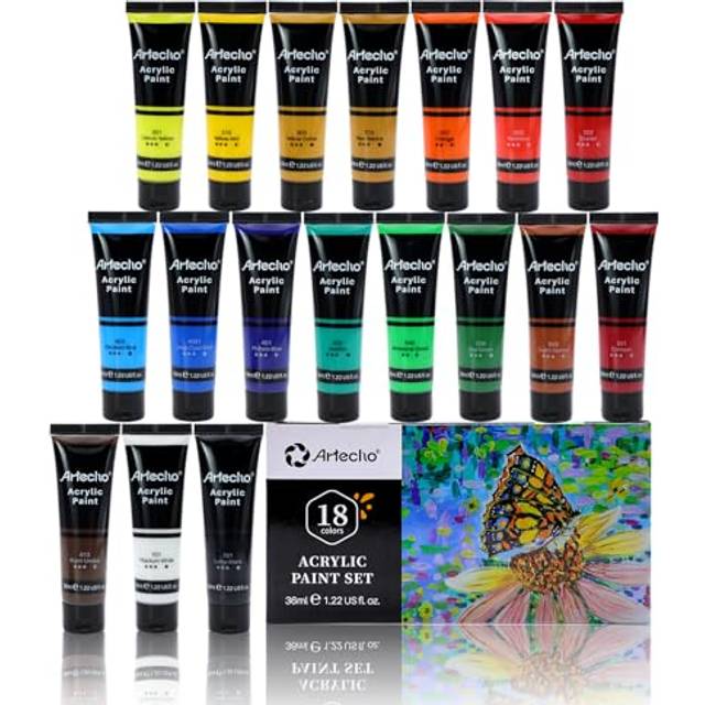 Artecho Acrylic Paint Set for Art, 18 Colors 36ml Basic Acrylic Paint Supplies for Wood, Fabric, Crafts, Canvas, Leather&Stone