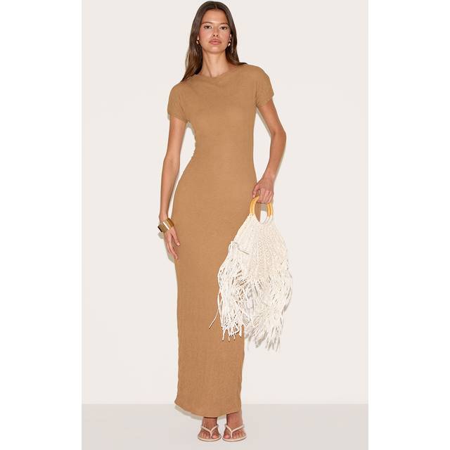 Taupe Textured Cap Sleeve Maxi Dress, Brown - 12