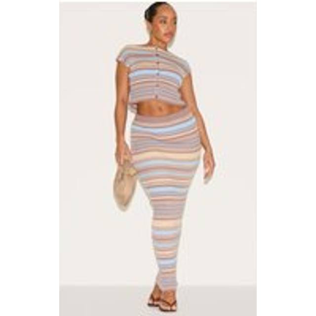 Shape Powder Blue Knitted Striped Maxi Skirt, Blue
