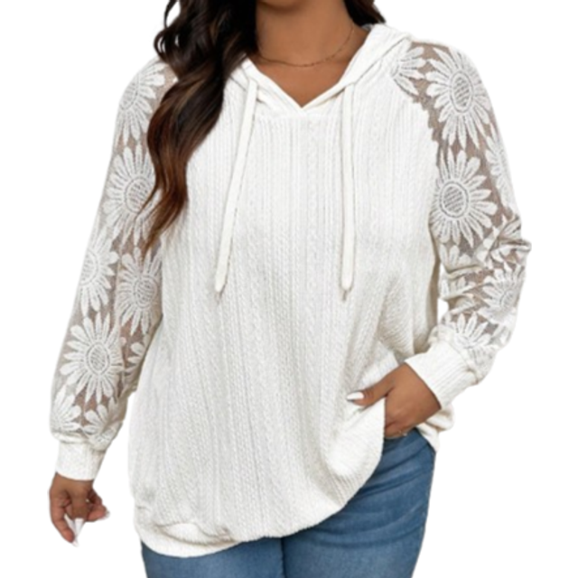 INAWLY Plus Size Women White Hooded Lace Sweatshirt, Autumn