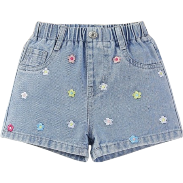 SHEIN Young Girl Casual Cute Dopamine Colored Flower Embroidery Comfortable Light Blue Washed Denim Shorts