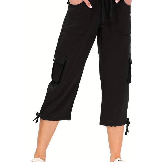 TEMU Women's Lightweight Quick-dry Cargo Capris - Casual Loose Fit With Cute Pockets, Adjustable Drawstring Waist, Hiking & , Hiking Accessories