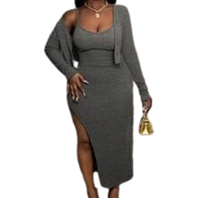 Slaydiva Casual Streetwear For Women Gyaru High Slit Ribbed Stripe Solid Color Spaghetti Strap Midi Dress, 2pcs Set - Brown
