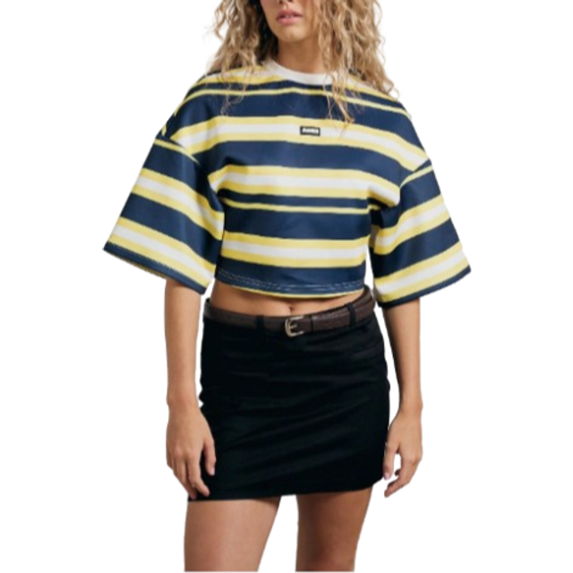 AiiRZ Striped Oversized Drop Shoulder Round Neck Cropped T-Shirt