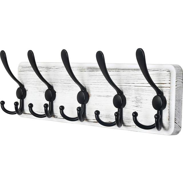Dseap Coat Rack Wall Mounted - 5 Tri Hooks  Heavy Duty  Wooden Wall Coat Hanger Coat Hook for Clothes Hat Jacket Clothing  White & Black