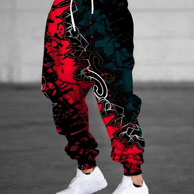 TEMU Flex, Men' 3d Graffiti Print Joggers With Drawstring & Pockets - Comfortable Polyester Casual Sweatpants For All