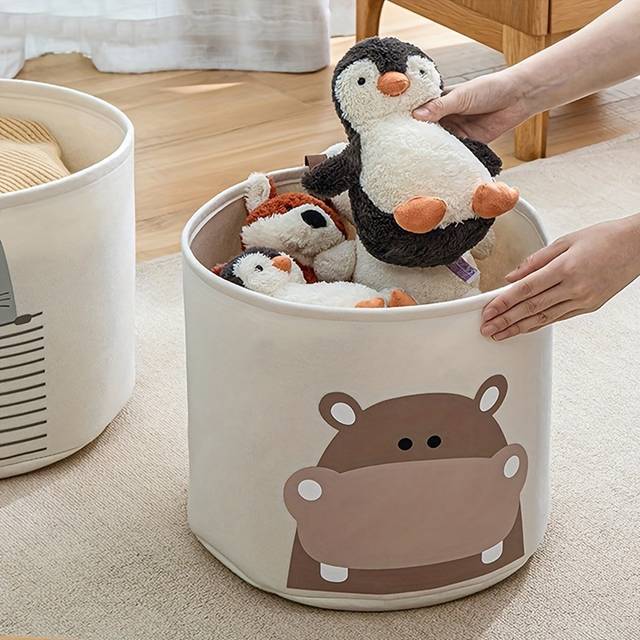 TEMU Large Capacity Felt Toy Storage Basket, Folding Laundry Hamper With Cute Animal Design, Polyester Material, Unfinished Look, Suitable 14+, Use - 1 Piece