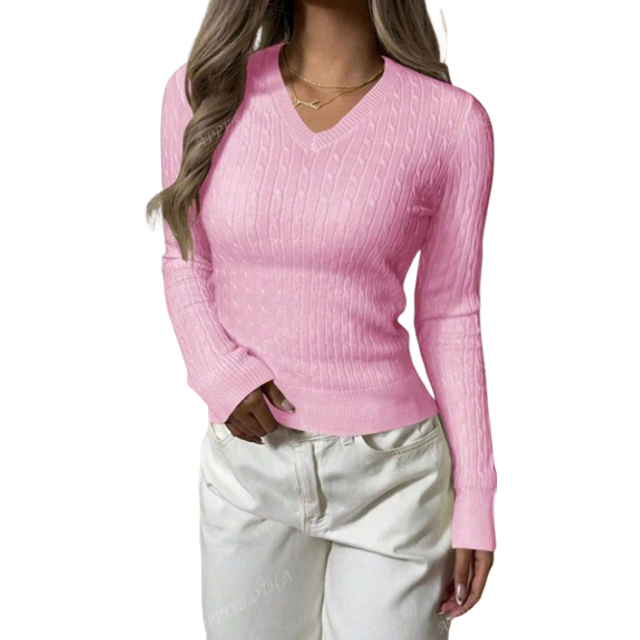 Apperloth A Women&#39;s Spring Casual Thin And Soft V Neck Long Sleeve Slim Fit Fitted Cropped Cable Knit Sweater Basic Pullover Top