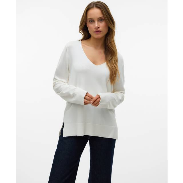 Fine Knit Jumper with V-Neck - Ecru - S