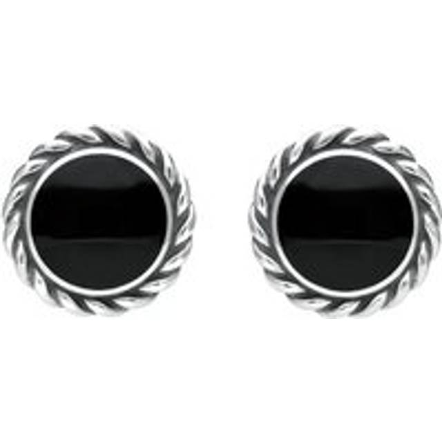 Sterling Silver Whitby Jet Large Rope Edge Round Stud Earrings - Silver