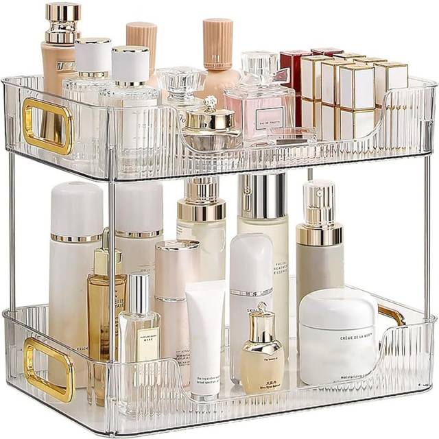 2-Tier Bathroom Counter Organizer, Vanity Tray, Cosmetic & Skincare Storage Shelf. - Clear (26.5cm H X 33.5cm W X 8.6cm D)