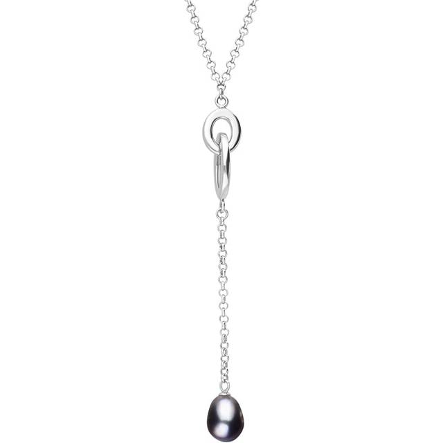 Sterling Silver Black Pearl Double Oval Drop Necklace D