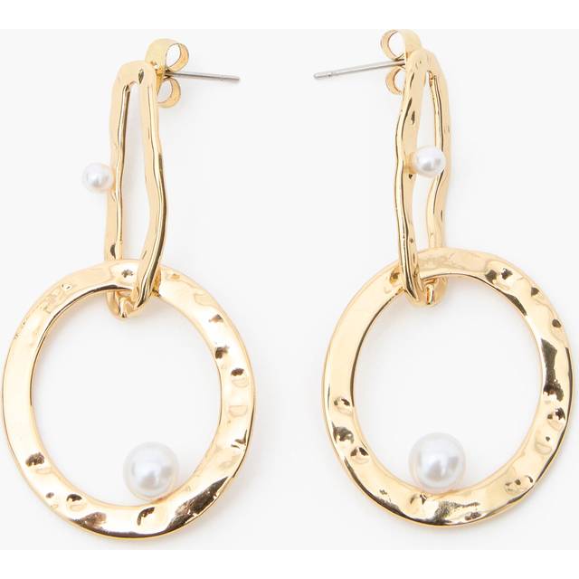 Duo Hammered Drop Hoop With Pearl Earrings Pearl/Gold - White