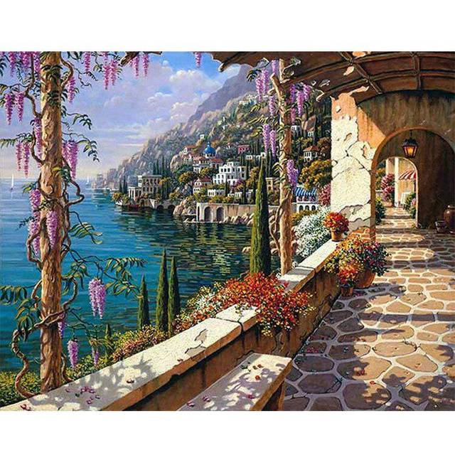 Diy Hand Made Diamond Embroidery Mosaic Painting Wall Cross Sticker Seaside Town Picture Home Decor 20X30CM