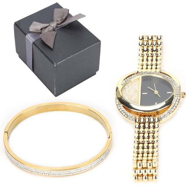 Women Jewelry Set Quartz Movement Watch Titanium Steel Bracelet Jewelry Set Anniversary GiftGold golden