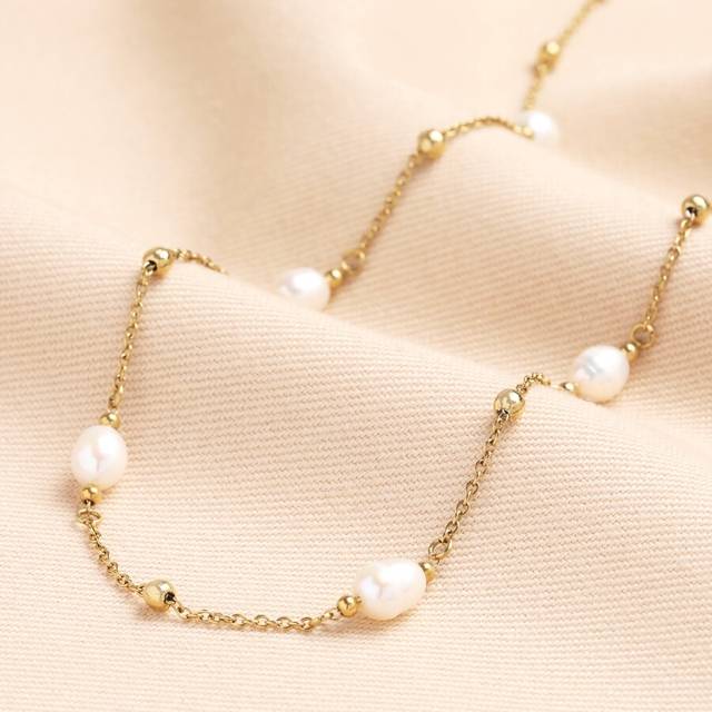 Stainless Steel Pearl and Ball Long Chain Necklace in Gold - gold/white - one size
