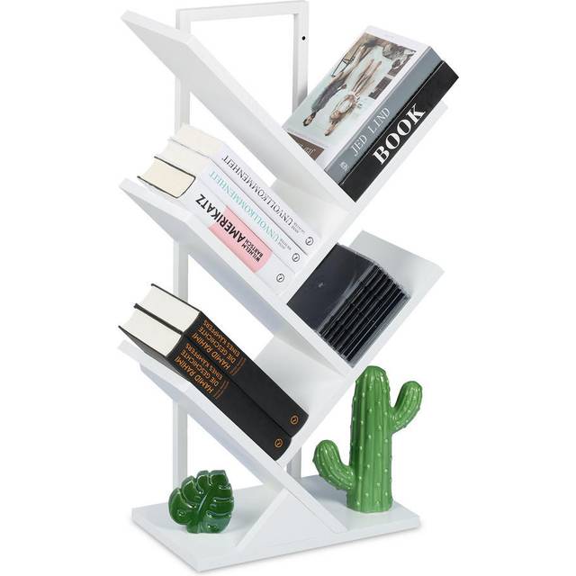 Tree Bookshelf, 4-Tier Bookcase, hwd: 71 x 40 x 21.5 cm, Storage for Books & CDs, Free-Standing Shelves, White - Relaxdays