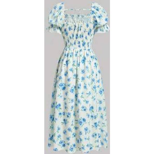 Heltäckande blommönster med fyrkantig hals Puffärm Milkmaid Dress - Multifärgad (L,M,S,XL,XS,XXL,XXS)