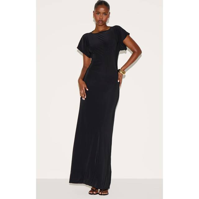 Black Double Layered Slinky Ruched Short Sleeve Maxi Dress, Black - 12