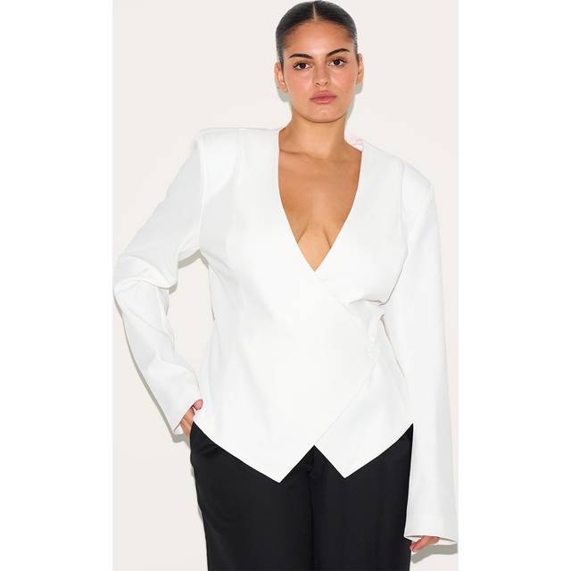 Plus Cream Tailored Cinched Woven Asymmetric Blazer, White - 24