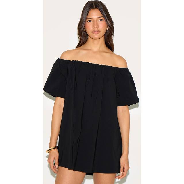 Black Bardot Puff Sleeve Shift Dress, Black - 4