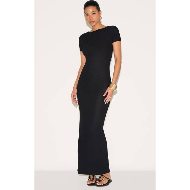 Black Textured Cap Sleeve Maxi Dress, Black - 6