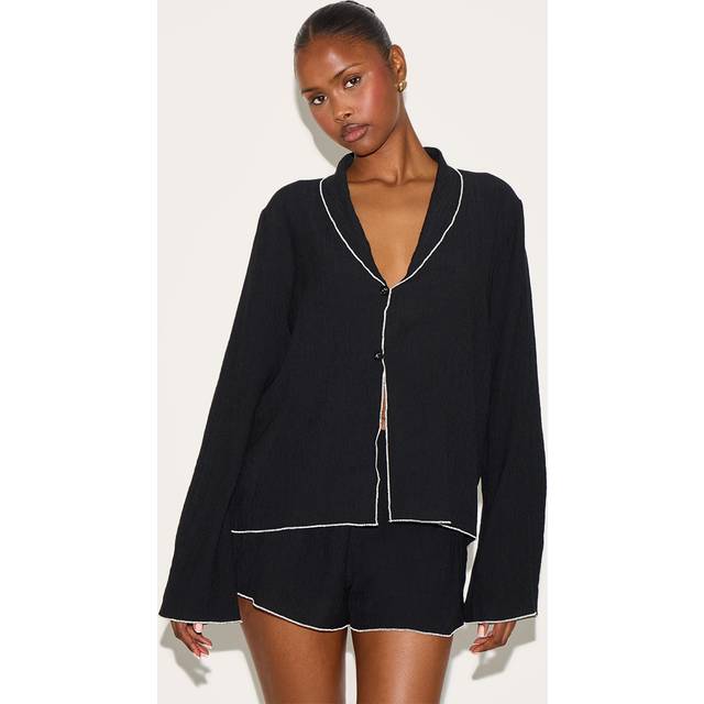 Black Linen Look Textured Contrast Trim Floaty Shorts, Black - 12