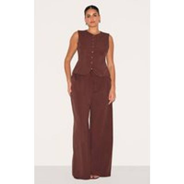 Plus Wine Tailored Tie Detail Woven Wide Leg Trousers, Red - 18