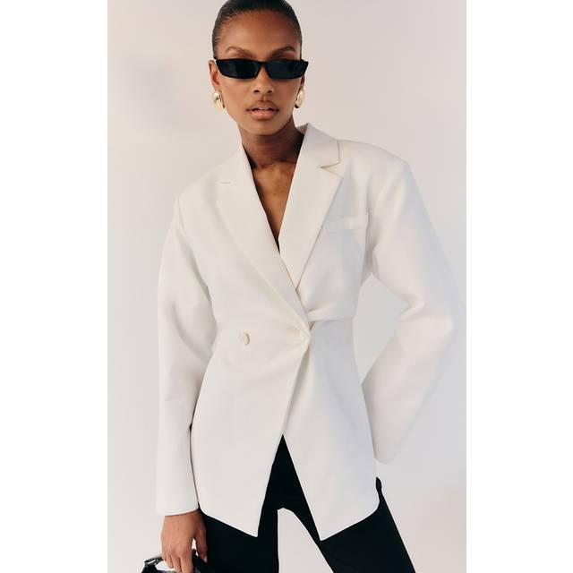 White Linen Look Tailored Cinched Waist Blazer, White - 8