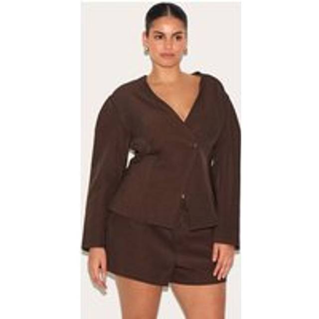 Plus Deep Chocolate Tailored Cinched Waist Asymmetric Blazer, Deep Chocolate - 24