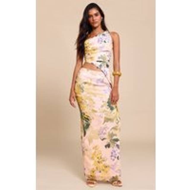 Nude Floral Print Chiffon Maxi Skirt, Pink - 6