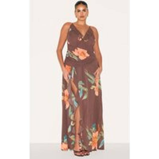 Plus Brown Floral Chiffon Frill Plunge Strappy Maxi Dress, Brown - 20