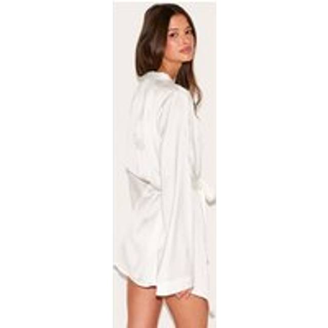 White Embroidered Bride Satin Robe, White - XS