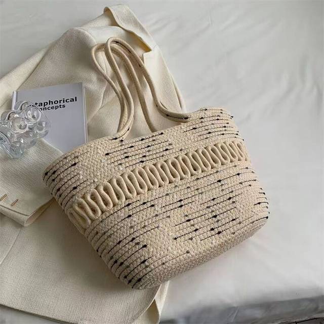 (C) Knitting Fabric Beach Bag Large Capacity Handmade Straw Summer Holiday Leisure Bag